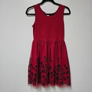 GIrls Knitworks Red Skater Dress with Black/Silver Floral Design Size 16